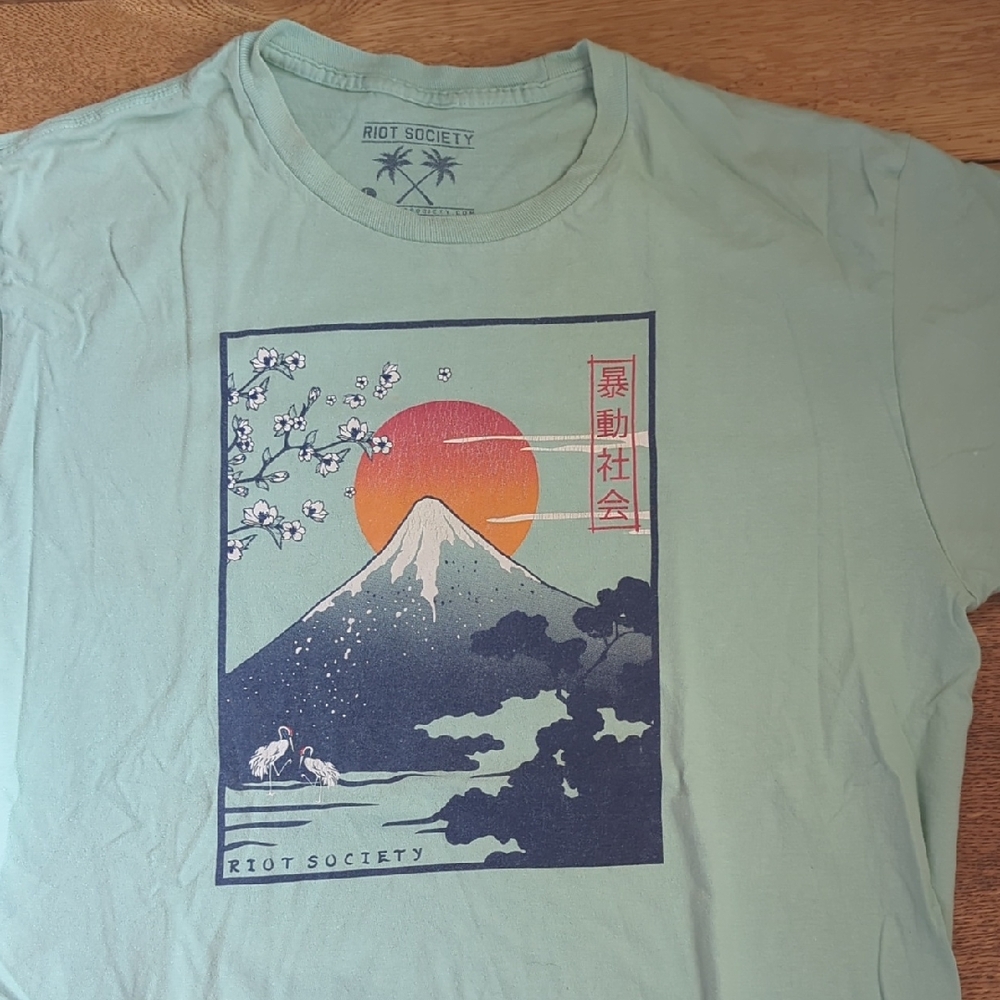 Riot Society Mint Green Tee with Mountain and Sunset Design